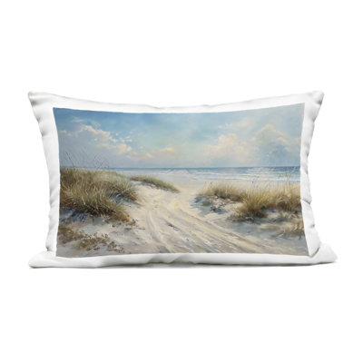 Shoreline Serenity Beach Outdoor Printed Pillow design by LSR Creative Studio