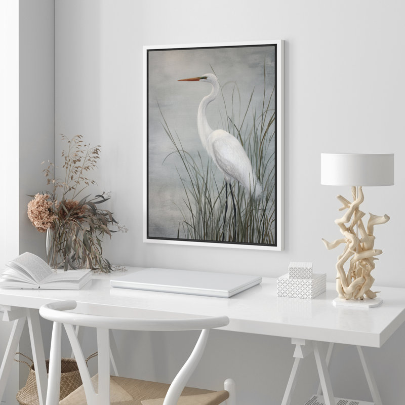 «White Egret in Tall Reeds» par Water, reproduction d'art sur toile encadrée dans la chambre principale, Blanc