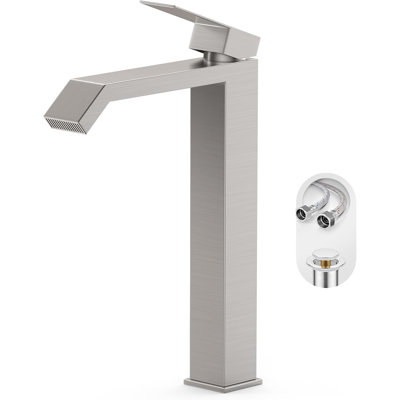 Robinet de lavabo de comptoir à un trou brossé en nickel brossé, vasque de salle de bain carrée haute à poignée simple avec cascade et bonde escamotable