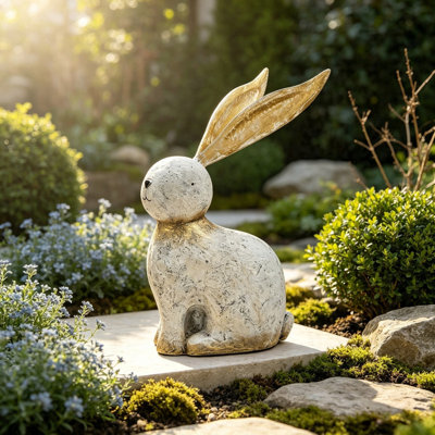 Figurine de lapin blanc texturé blanc avec oreilles de fer dorées détachables, statue de lapin décorative en magnésium pour la maison de campagne française, décor scandinave et rustique, ornement de tablette de manteau de table