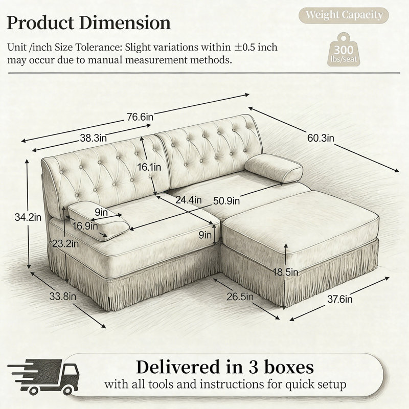 Canapé Chesterfield en velours avec repose-pieds, canapé modulaire capitonné avec jupe à franges, canapé rembourré style rétro