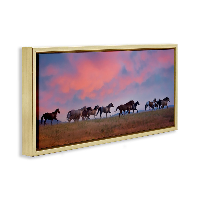 "Wild Horses at Sunset Grain", art mural sur toile flottante par PHBurchett, Cadre flottant métallique doré