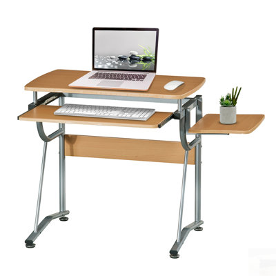 Compact Computer Desk with Side Shelf, Keyboard Panel, and Durable Cherry Finish for Efficient Home Office Setup