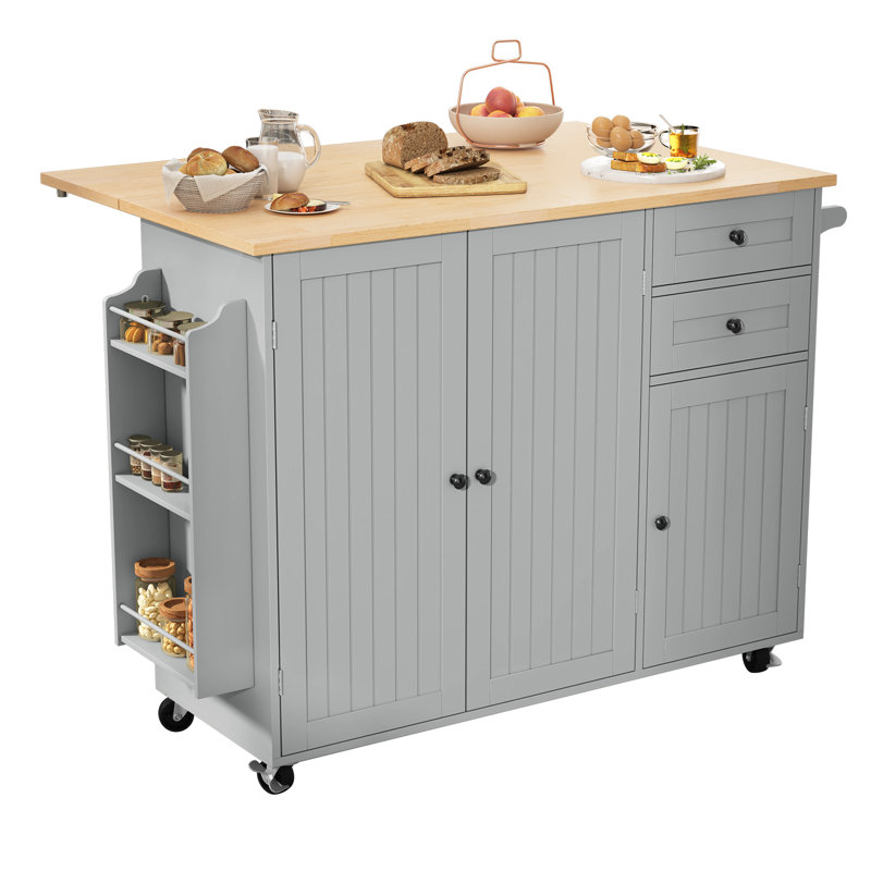 Chariot de cuisine à roulettes de 127 cm de large avec plateau en bois massif, Grey