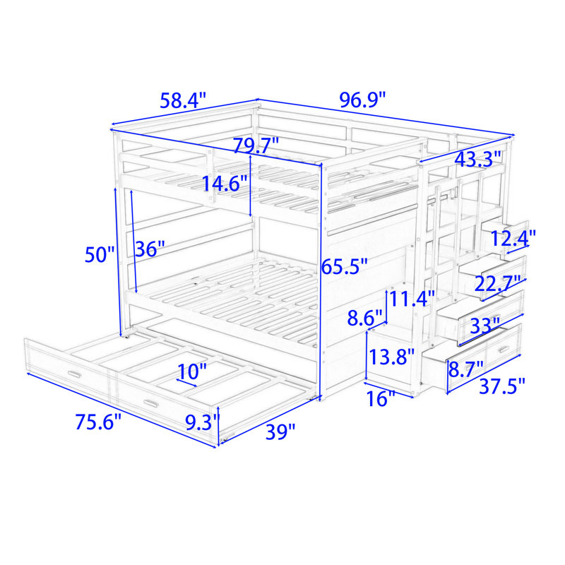 Jarrian Kids Full Over Full Bunk Bed with Trundle with Drawers, White