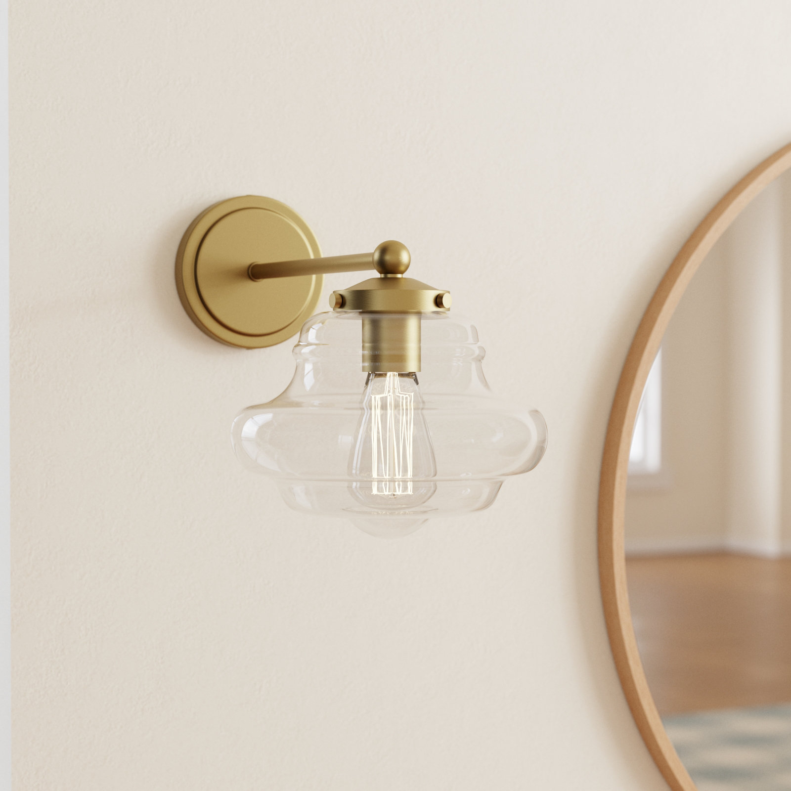 Marah Single Light Glass Dimmable Armed Sconce, Natural Brass