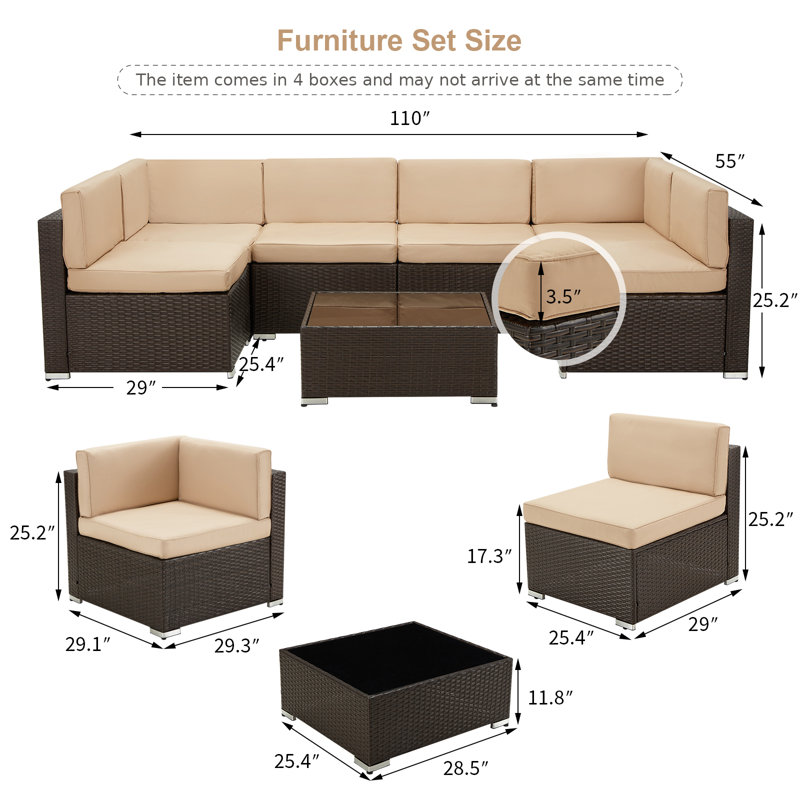 Wicker/Rattan 6 - Person Seating Group With Cushions, Khaki