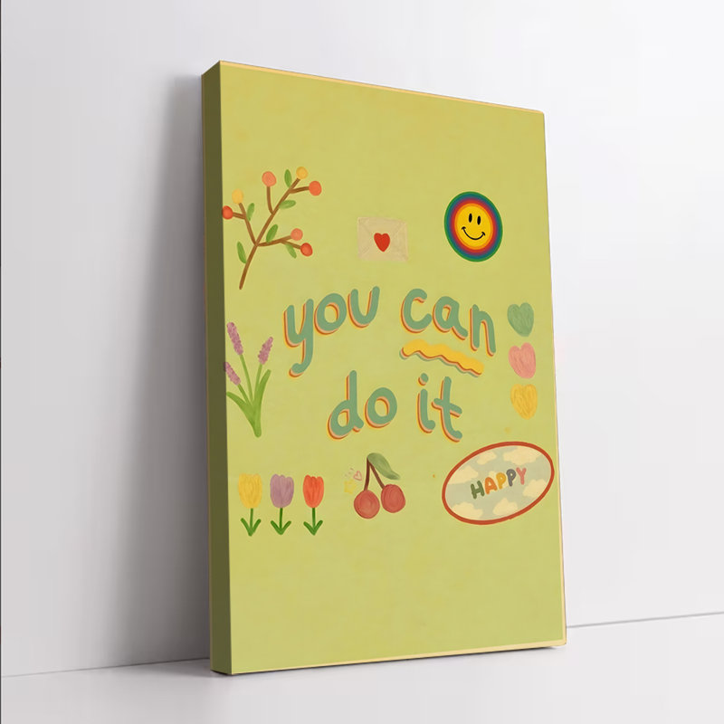 Affiche murale encadrée (1 pièce), décoration murale inspirante avec la citation « Tu peux le faire », un smiley, des fleurs et un cœur - Tableau sur toile motivant pour la décoration de la maison, du salon, de la chambre, du bureau, impression d'art décoratif positive