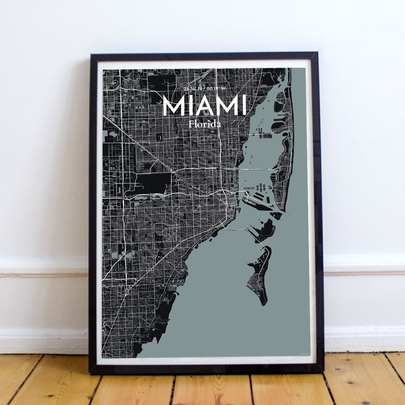 « miami city map », reproduction d’impression sur affiche en minuit, H 36 po x l 24 po x P 0,05 po