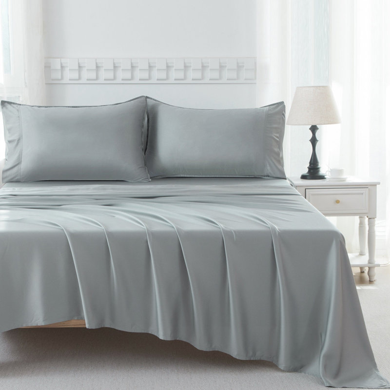 Rayon From Bamboo Sheet Set 400TC Sateen Bedding with Deep Pocket Fitted Sheet, Gray, King