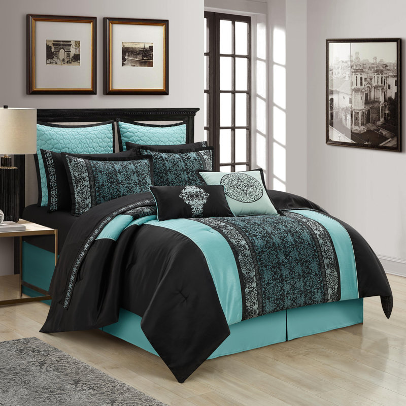 California King Aqua and Black Jacquard Comforter Set, 12 Pieces