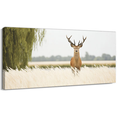 Wildlife Deer Canvas Wall Art - Deer Pictures Wall Decor, Seasonal Rustic Deer Painting for Living Room, Winter Landscape Animal Wall Artwork Decoration, Wrapped Canvas Pine Frame, 16×32 inches