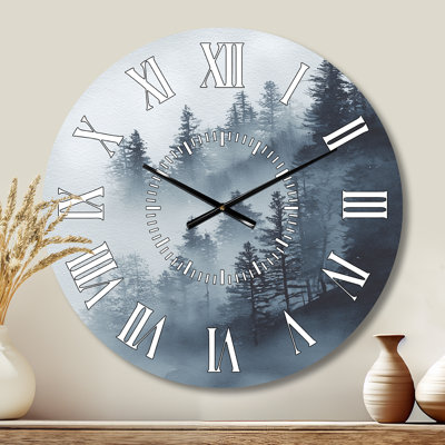Moody Winter Woodland Foggy - Black Rustic Non-Ticking Metal Wall Clock