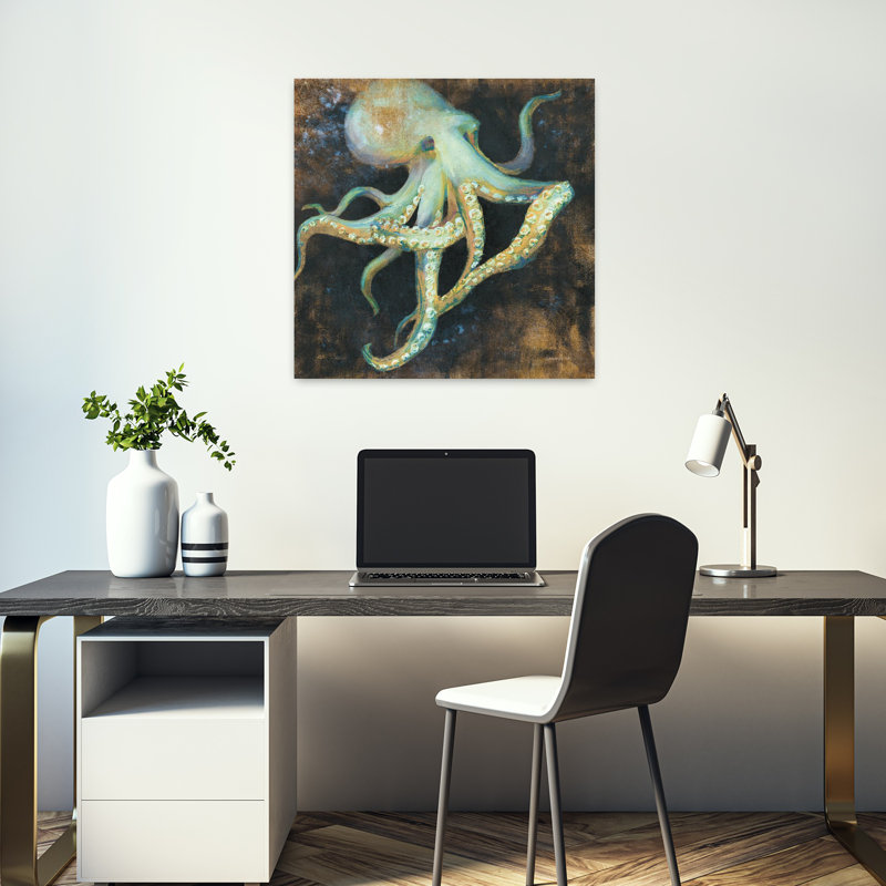 Art contemporain pieuvre de mer sur fond noir avec animaux, H 18 po x l 18 po