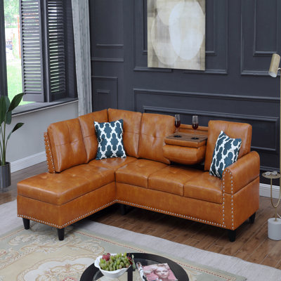 Basic Sectional Sofa, Faux Leather L - Shaped  Sofa Set With Cup Holders 2Pc