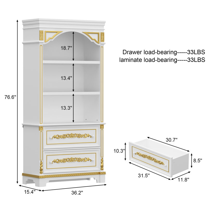 76'' H X 37" Bookcase With Glass Shelves, Touch LED Lighting & Gold Accent Trim