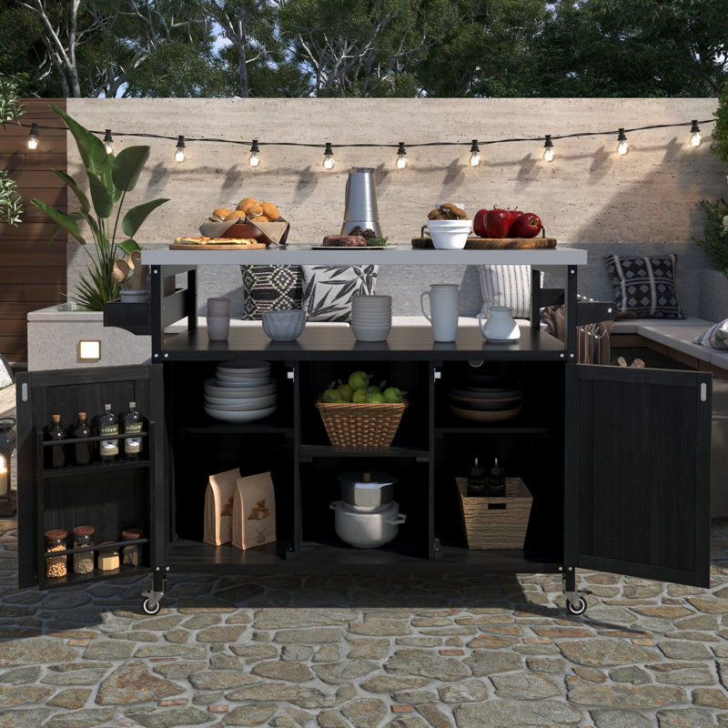 Outdoor Kitchen Island, Rolling Bar Cart & Storage Cabinet, Farmhouse Solid Wood Outdoor Grill Table with Stainless Steel Top, Spice Rack , Towel Rack for Kitchen & Barbecue