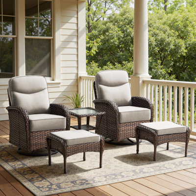Alakai 5-Piece Outdoor Wicker Crescent High Backrest Swivel Chair Set With Ottomans And Side Table