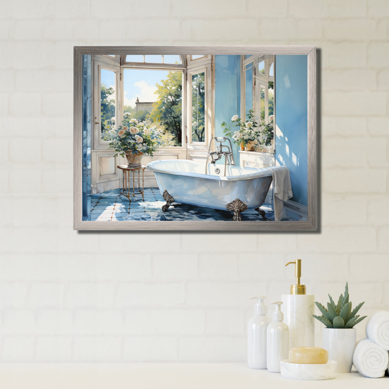 «Bathroom Tranquil Reflections I» - décoration murale pour salle de bain, Cadre flottant blanc, H 16 po x l 32 po x P 1 po
