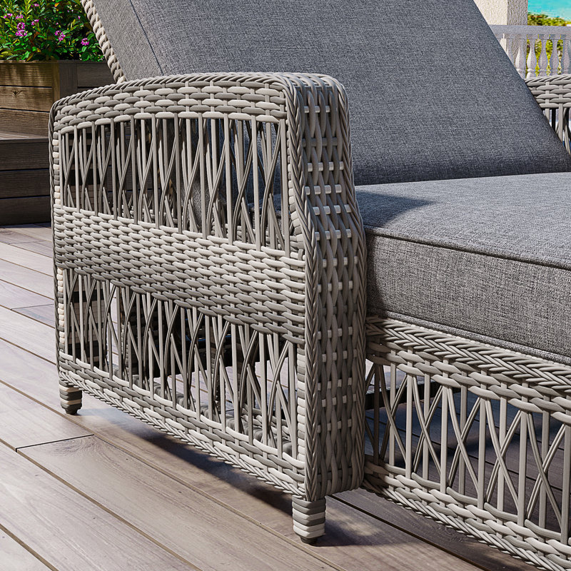 Outdoor Long Reclining Chaise, Wicker Lounge With Armrests, Patio Adjustable Recliner With Soft Removable Cushions, All Weather Rattan Pool Lounge For Poolside & Garden