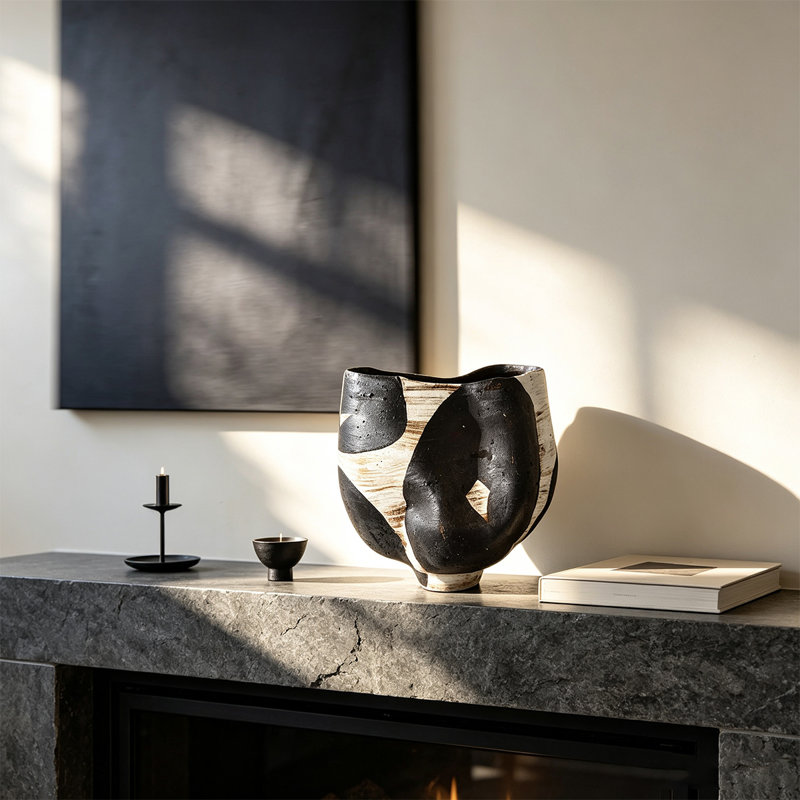 Vase de table en céramique noir Wabi-Sabi, 11.81" H x 10.63" L x 9.06" W