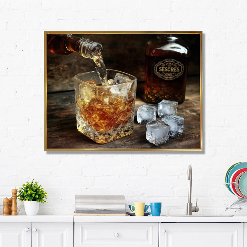 «Glass of Whiskey», impression sur toile, décoration murale de cuisine jaune, H 34 po x l 44 po, Cadre flottant, Doré