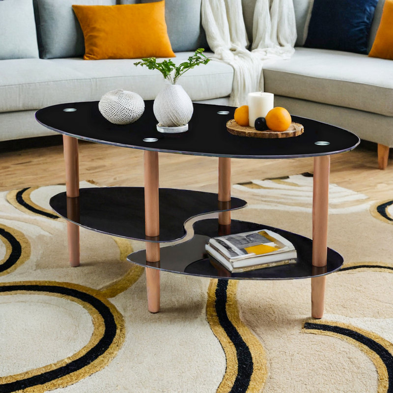 Mollen Oval Glass Top Coffee Table, Black Top/Brown Base