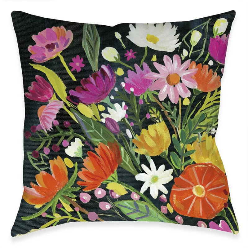 Coussin décoratif d'extérieur Bright Blossoming Black Florals