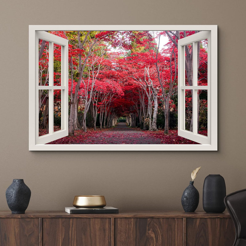 Fenêtre de paysage «Window View Red Autumn Season Tree Forest Tree Path Nature Images Scenic Landscape» sur toile