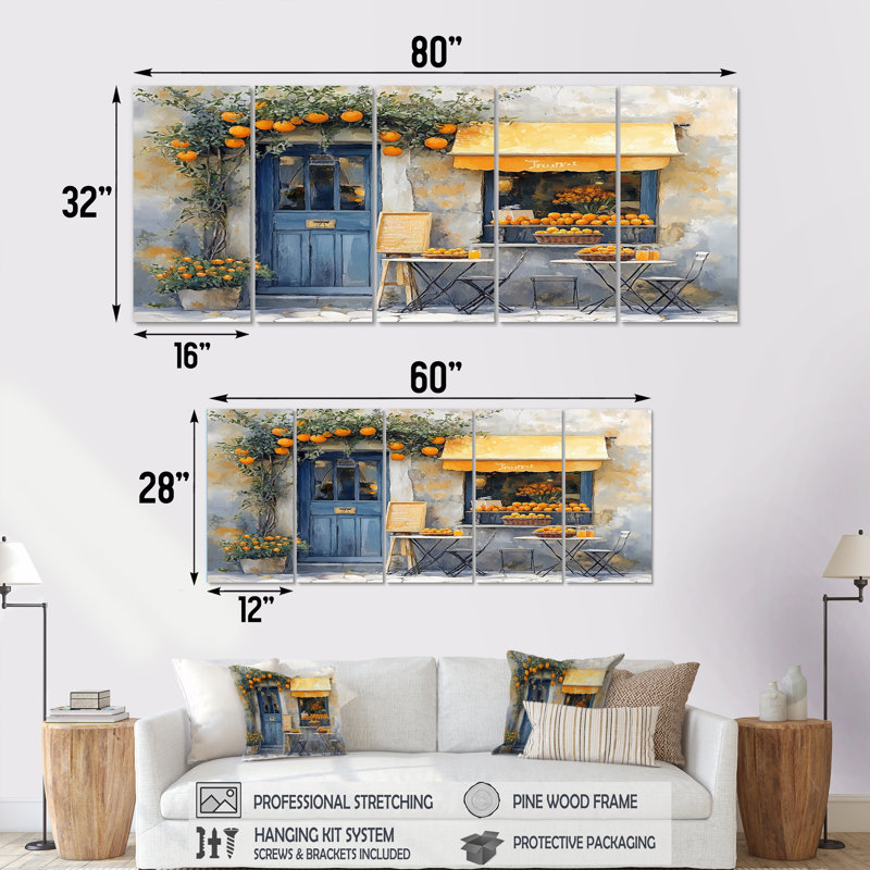 Café français dans des tons jaunes et bleus - ensemble d'art mural café français, H 32 po x l 80 po