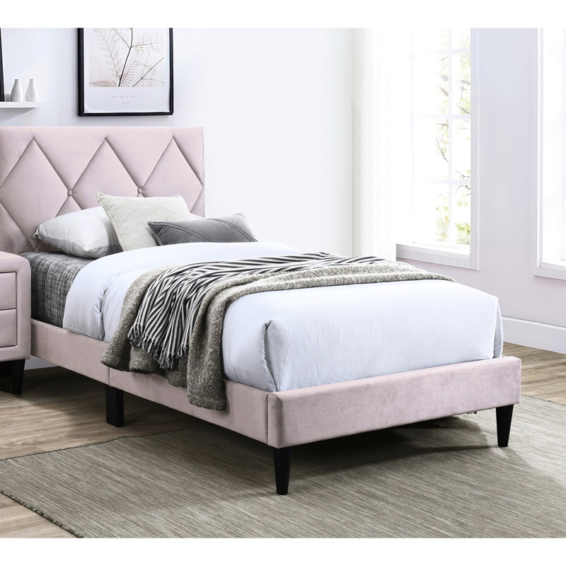 Mobilier de chambre double, lit en velours rose avec tête de lit réglable moderne et tête de lit, rembourrage en mousse pour une bonne nuit de sommeil