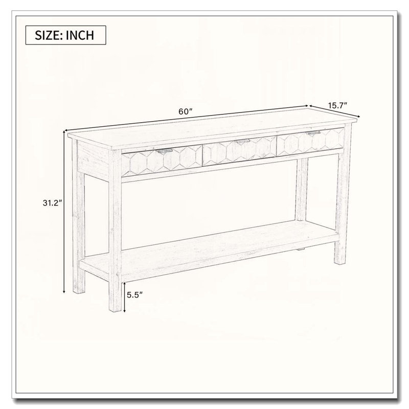 Table d'entrée 60 po en placage de sapin avec façades en nid d'abeille, console moderne, Marine