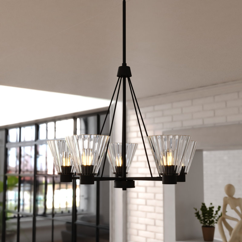 Dalton 5-Light 25.5 In. Wide Matte Black Transitional Round Chandelier With Clear Ribbed Glass Shade, LED Compatible, Adjustable Height, Hanging Ceiling Pendant Fixture For Dining Table Kitchen Entryway Bedroom Island Foyer