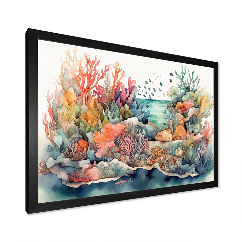«Vibrant Coral Reef II - Modern Beach», reproduction sur toile encadrée, Cadre noir, H 16 po x l 32 po x P 1 po