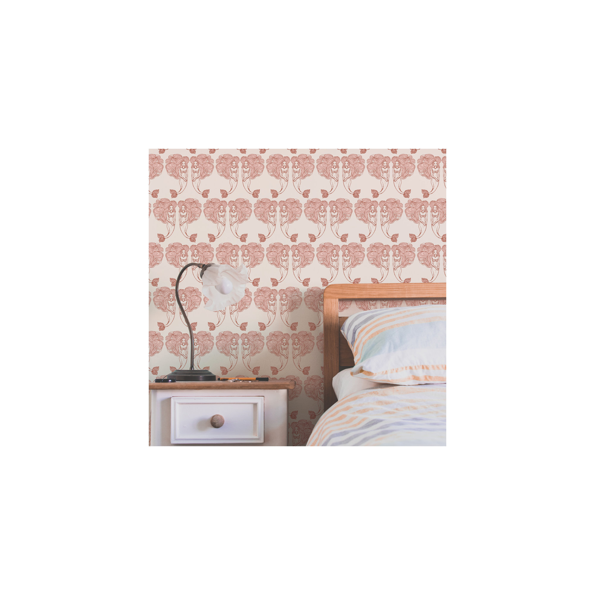Block Print Mermaids Peel and Stick Wallpaper, Coral