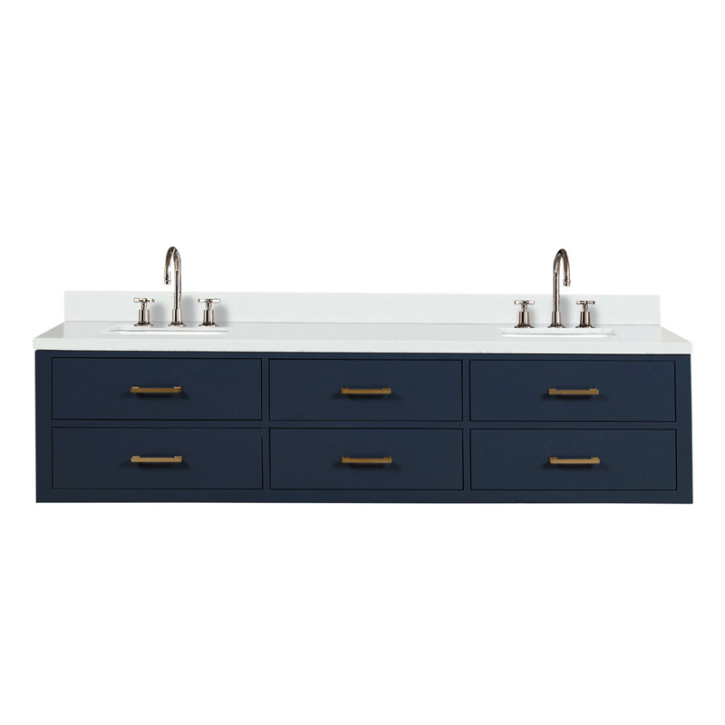 Meuble-lavabo double bleu 80 po X P 22 po D, dessus en quartz blanc et ensemble de robinet, Bleu