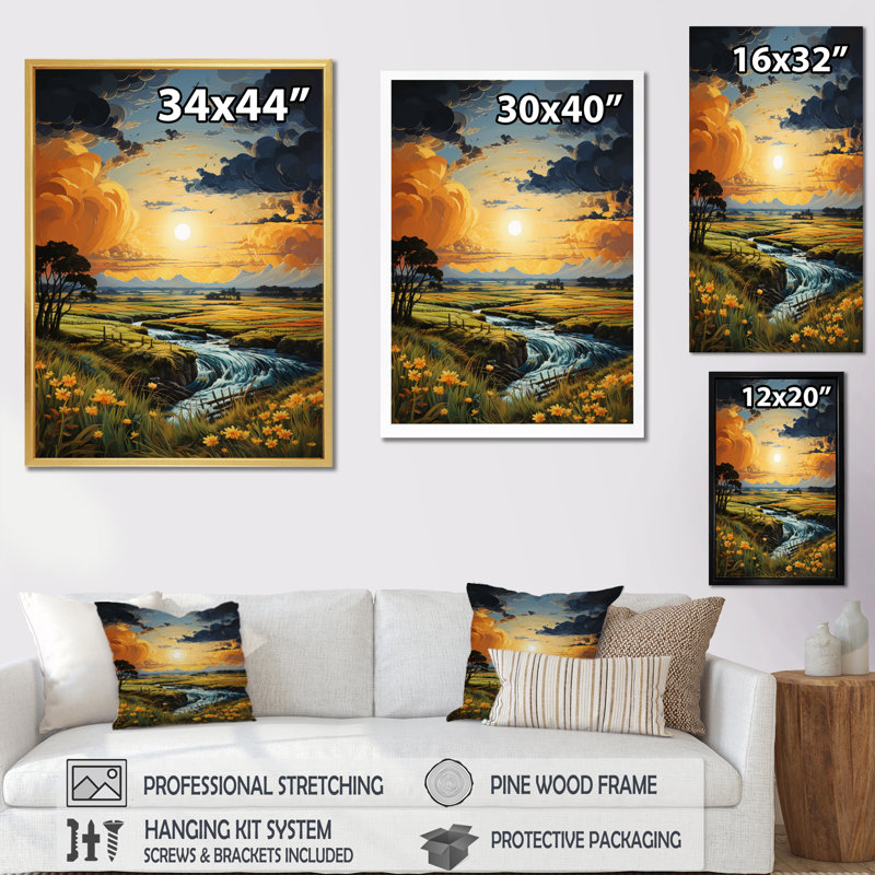 Prayies Whispers Patchwork - Décoration murale paysage et nature, H 32 po x l 24 po x P 1 po, Cadre flottant noir