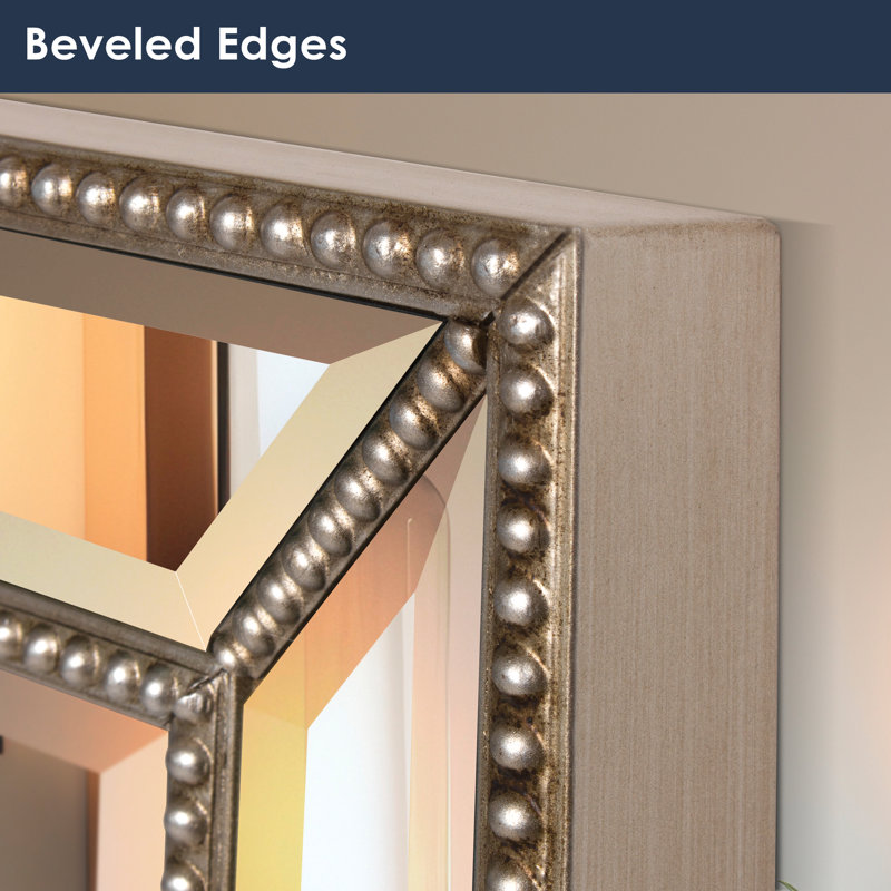 Metro Beaded 24x36" Champagne Silver Beveled Glass Framed Decorative Antique Venetian Vintage Mirror for Bathroom Vanity, Entryway Wall, Powder Room