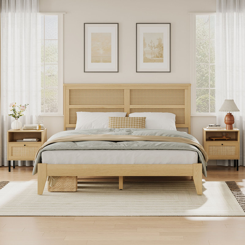 Aimara Queen Size Solid Bed with Rattan Headboard, Boho Bedroom Furniture, Wood Platform Bed Frame, Queen