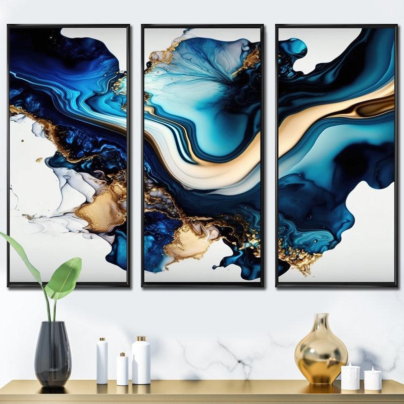 «Abstract Marble Geode Blue II», reproduction sur toile 3 pièces, Cadre flottant noir, H 28 po x l 36 po x P 1 po