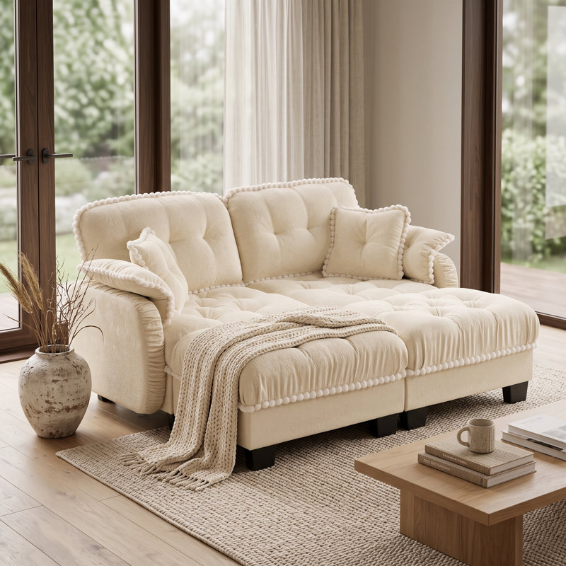 Canapé nuage 2 places beige crème en chenille avec 2 poufs amovibles, coussins capitonnés et finis à pompons