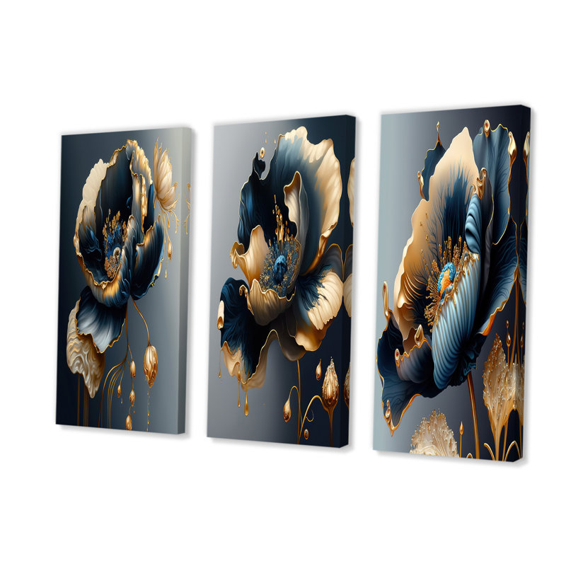 Bleu profond et fleur simple dorée I 3 pièces, H 40 po x l 60 po x P 1 po