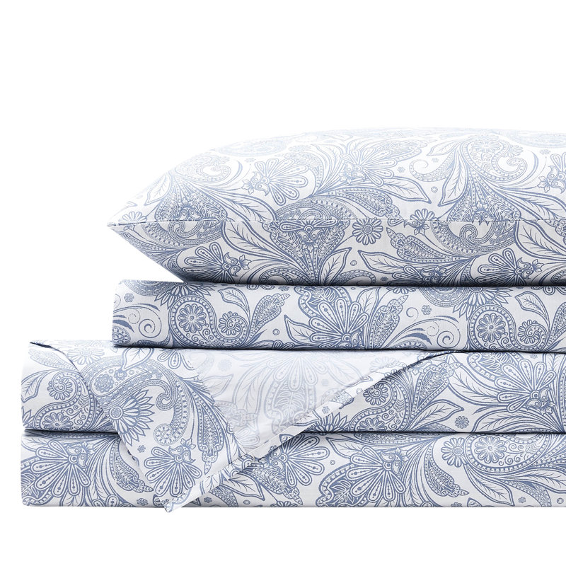 California King Perfect Paisley White and Blue Microfiber Sheet Set