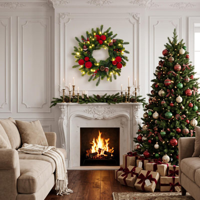 20" Pre-Lit Christmas Wreath with Red Berries and Red Ball for Front Door, Wall & Home Decor