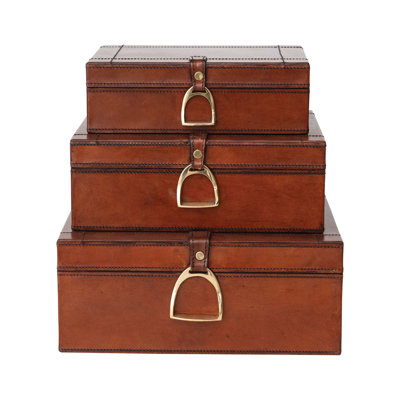 3-Piece Reclaimed Wood and Leather Nesting Boxes with Brass Closures and Flocked Interior