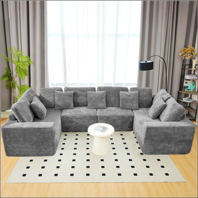 135.5-inch Modular U-Shaped Sectional Sofa with Reversible Design, Striped Corduroy Fabric in Grey for Living Room Comfort and Flexibility