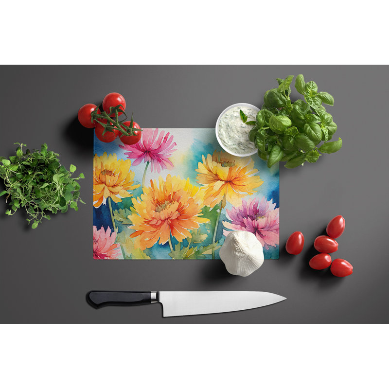 Grande planche à découper en verre à motif de chrysanthèmes à l'aquarelle