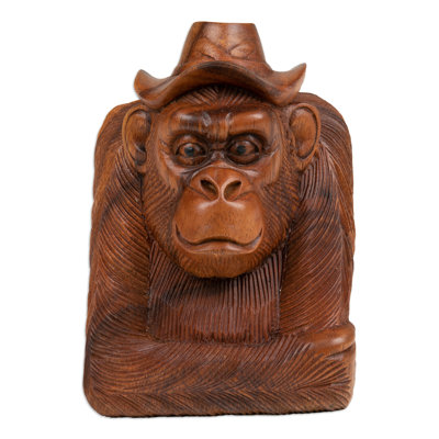 Handmade Pensive Orangutan Wood Sculpture