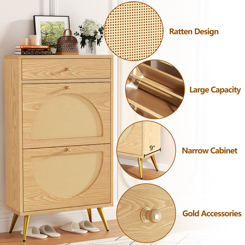 Rattan Shoe Storage Cabinet with Drawer, Natural