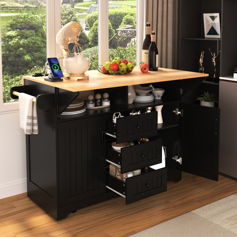 55.7" Kitchen Island Cart With 2 Drop Leaf, Folding Design, Power Outlet, Storage Dining Table, 3 Drawers, Black Color Rolling, Compartment Cabinet,